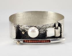 Hinged Sterling Silver Bracelet w/ Coral & Pearl by Fred Tate