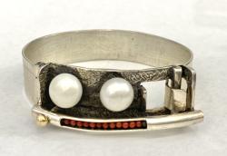 Hinged Sterling Silver Bracelet w/ Coral & Pearl by Fred Tate