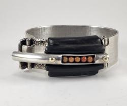 Sterling Silver, Ebony and Coral Bead Hinge Bracelet by Fred Tate