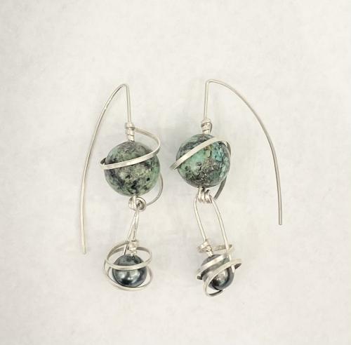 Tahitian pearl, turquoie earrings by Fred Tate