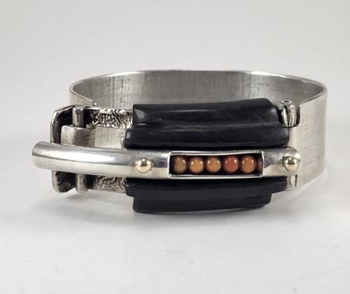 Sterling Silver, Ebony and Coral Bead Hinge Bracelet by Fred Tate