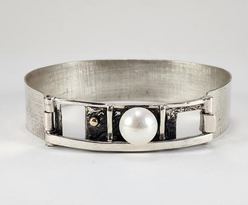 Hinged Sterling Silver Bracelet w/ Pearl & 14k by Fred Tate