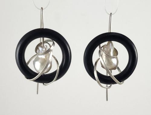 Ebony and Baroque Pearl Earrings by Fred Tate