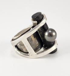 Black Coral and Tahitian Pearl Sterling Silver Ring Size 5 by Fred Tate