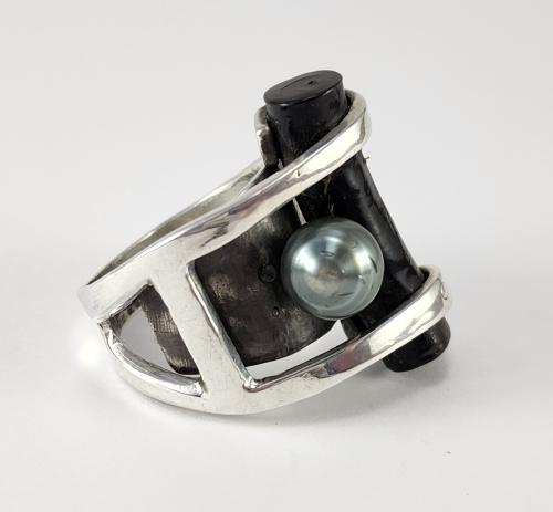 Black Coral and Tahitian Pearl Sterling Silver Ring Size 10 by Fred Tate