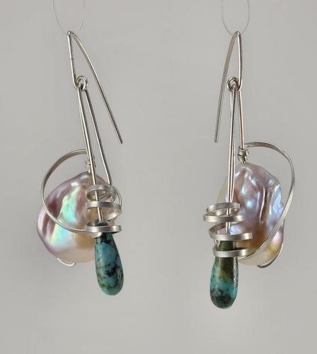 Baroque Pearl and Turquoise Earrings by Fred Tate