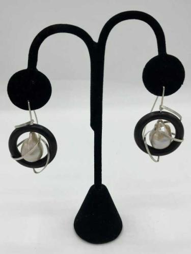 Baroque Pearl Earrings with Ebony Ring in Sterling by Fred Tate