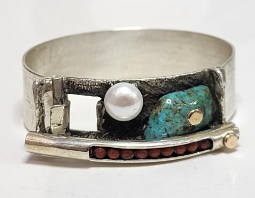 Turquoise, Pearl & Coral Hinged Bracelet by Fred Tate