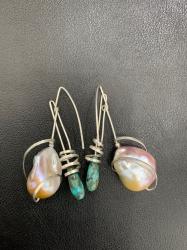Baroque Pearl and Turquoise Earrings by Fred Tate