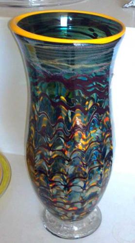 Large Green, Gold & Blue with Yellow Rim Vase by Ron and Chris Marrs
