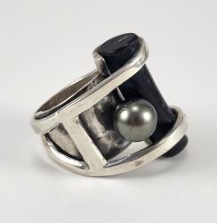 Black Coral and Tahitian Pearl Sterling Silver Ring Size 6 by Fred Tate