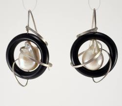 Baroque Pearl Earrings with Ebony Ring in Sterling by Fred Tate