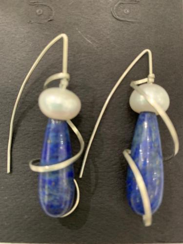 Fresh Water Pearl, Lapis, and Sterling Earrings by Fred Tate